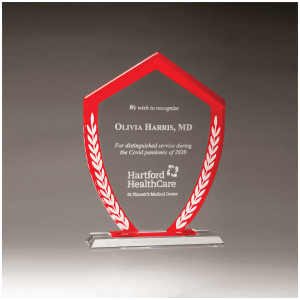 Shield Shaped Glass Award with Red Border and White Laurel Leaves - 7 1/4" x 9 5/8